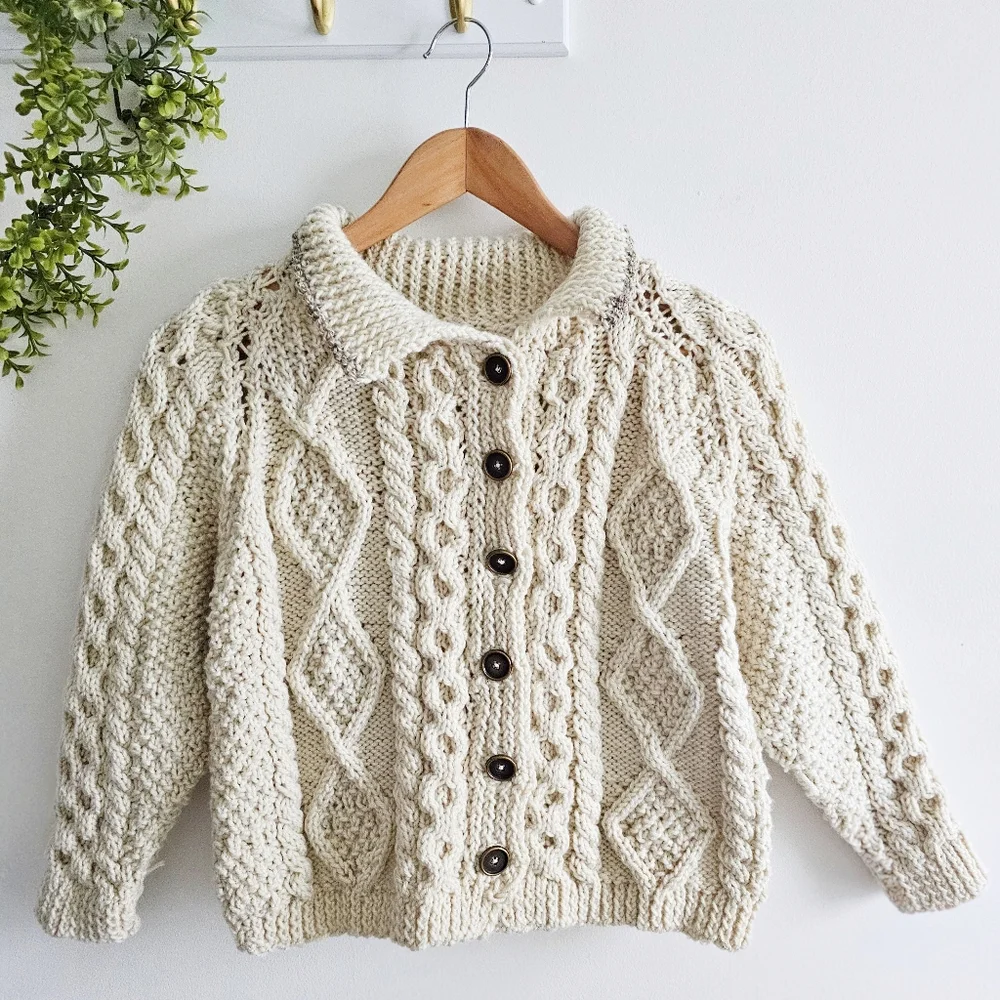 Vintage Hand Knit Cream Chunky Cardigan  Sweater Jacket Children Size Large